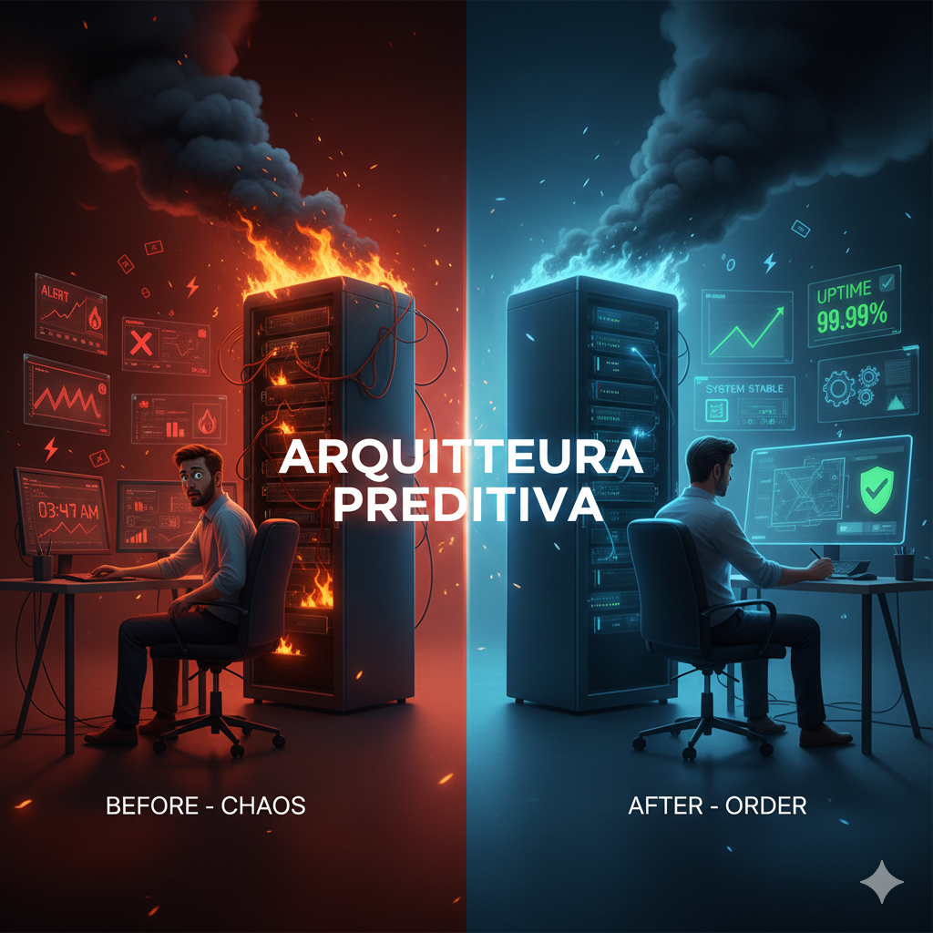 Ilustração dividida mostrando a transição do caos (servidor em chamas, alertas vermelhos) para a ordem (painel estável, gráficos verdes) na infraestrutura Magento, com destaque para o conceito de Arquitetura Preditiva da HEX.