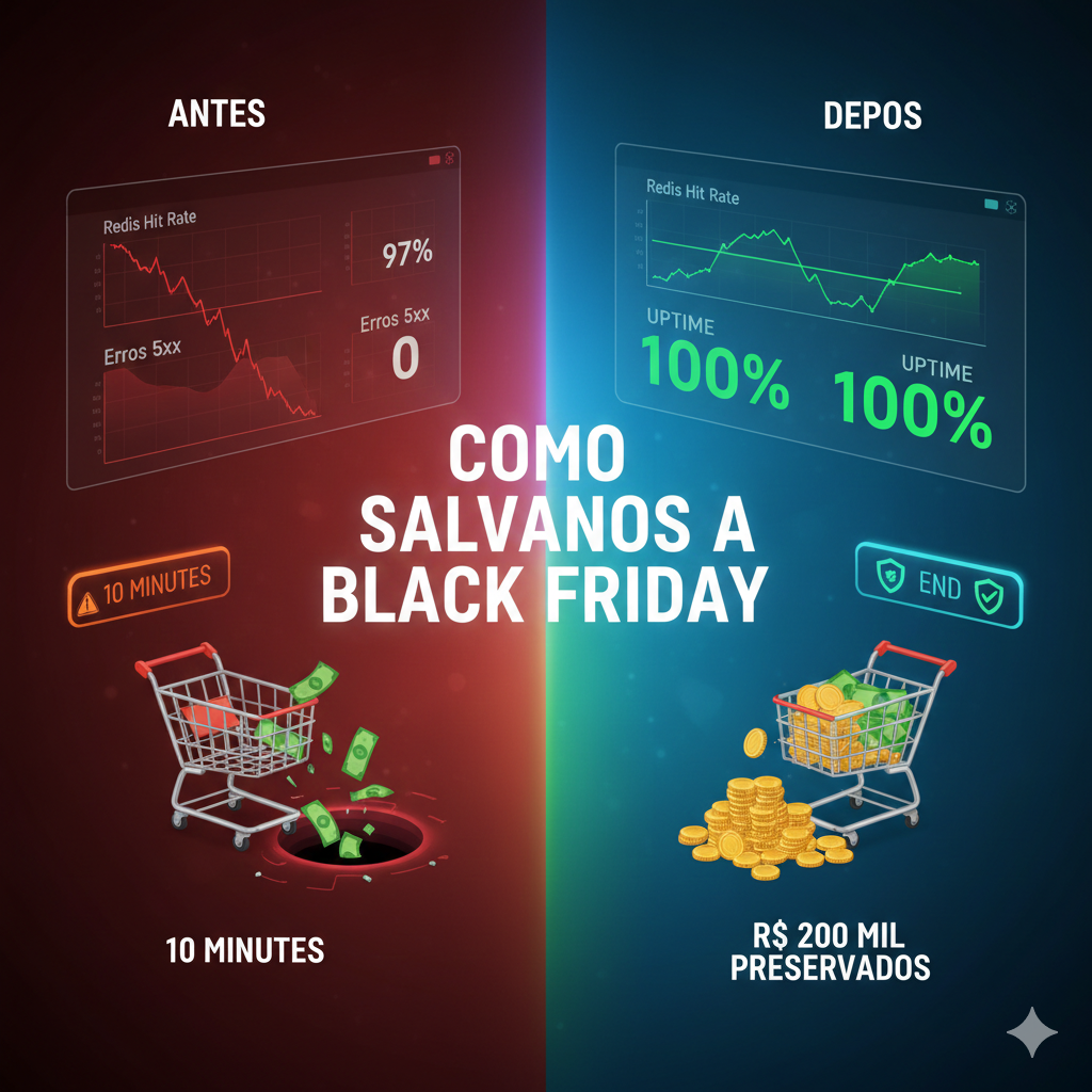 Imagem do estudo de caso da HEX: detecção de gargalo no Redis e correção que garantiu a estabilidade de um e-commerce na Black Friday, preservando R$ 200 mil em receita.
